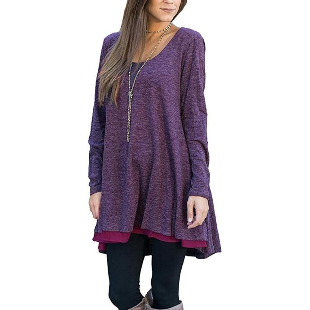 Umgee S purple tunic sweater dress w/ chiffon trim round neck warm minimalist